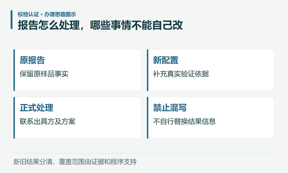 报告怎么处理,哪些事情不能自己改:原报告,保留原样品事实;新配置,补充真实验证依据;正式处理,联系出具方及方案;禁止混写,不自行替换结果信息