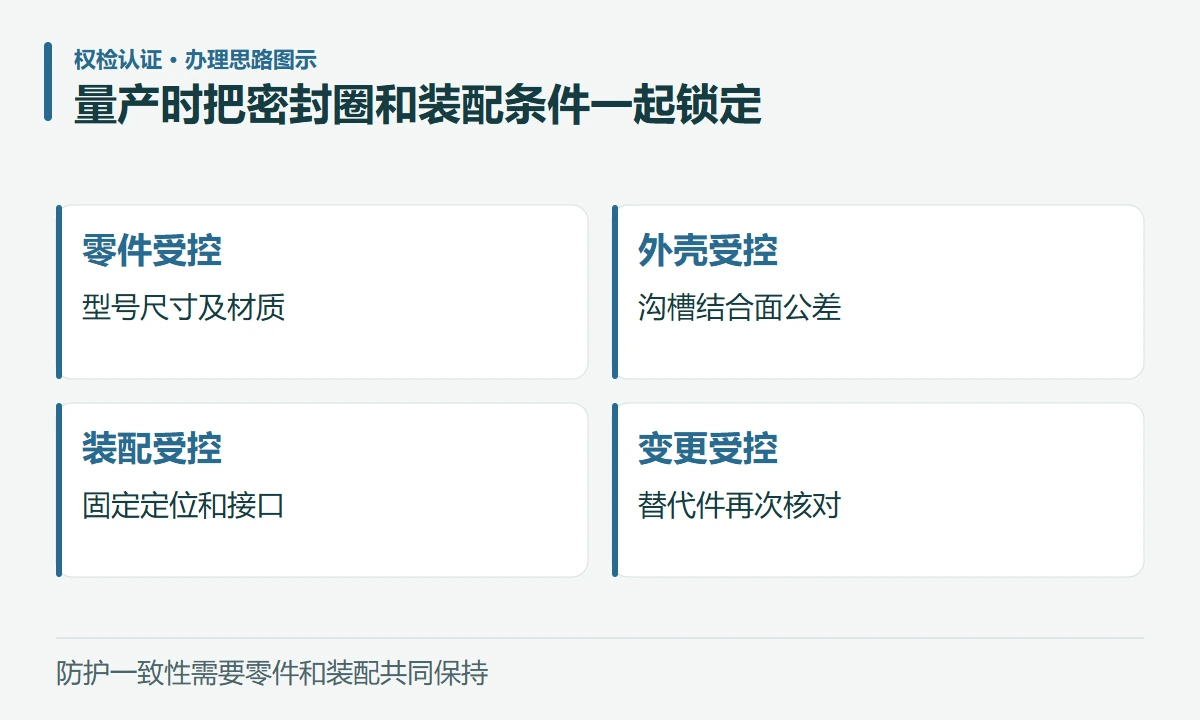 量产时把密封圈和装配条件一起锁定:零件受控,型号尺寸及材质;外壳受控,沟槽结合面公差;装配受控,固定定位和接口;变更受控,替代件再次核对