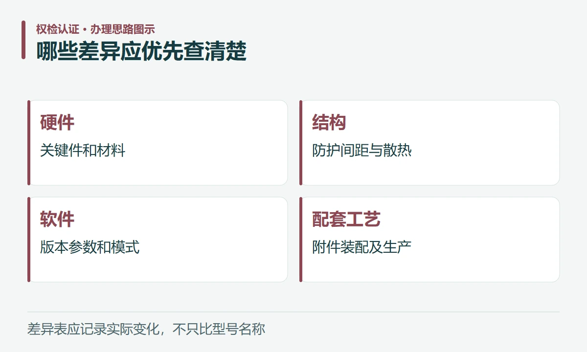 哪些差异应优先查清楚:硬件,关键件和材料;结构,防护间距与散热;软件,版本参数和模式;配套工艺,附件装配及生产