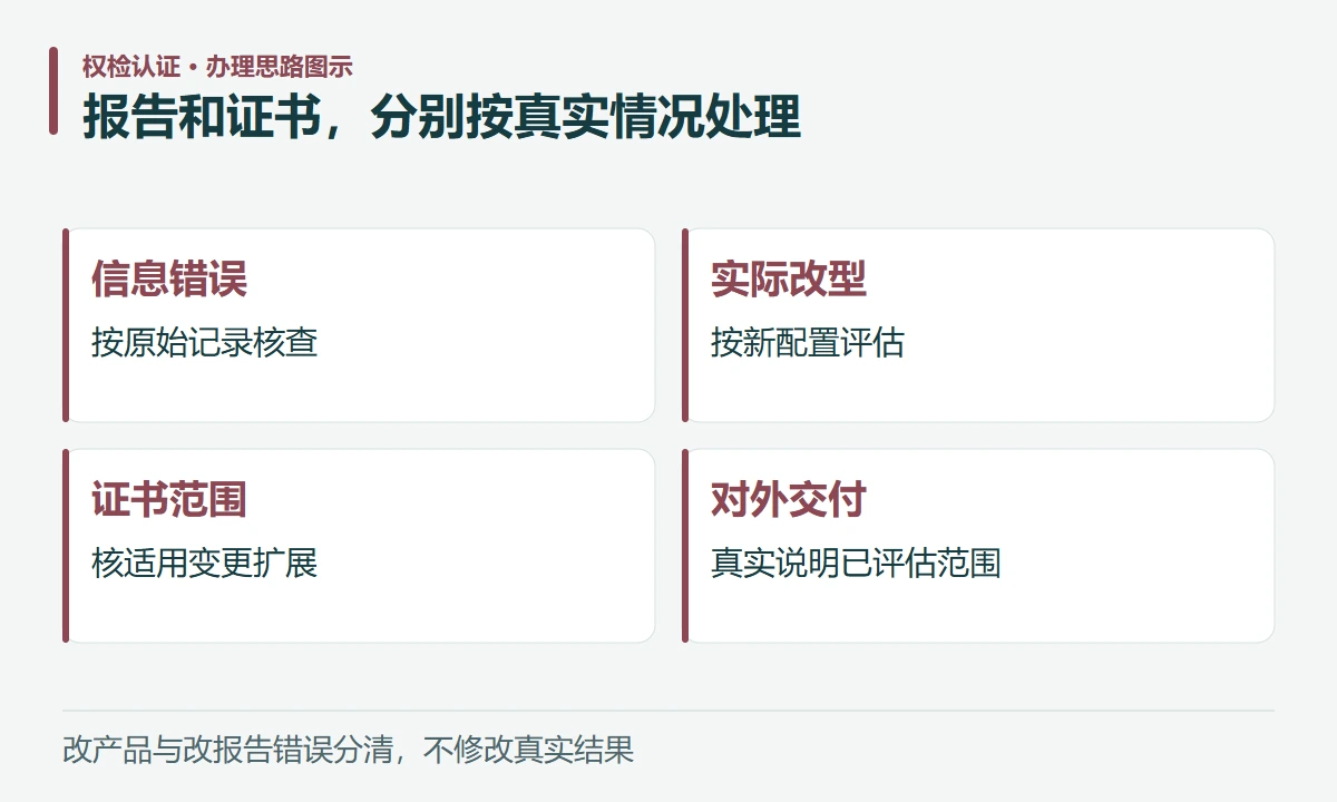 报告和证书,分别按真实情况处理:信息错误,按原始记录核查;实际改型,按新配置评估;证书范围,核适用变更扩展;对外交付,真实说明已评估范围