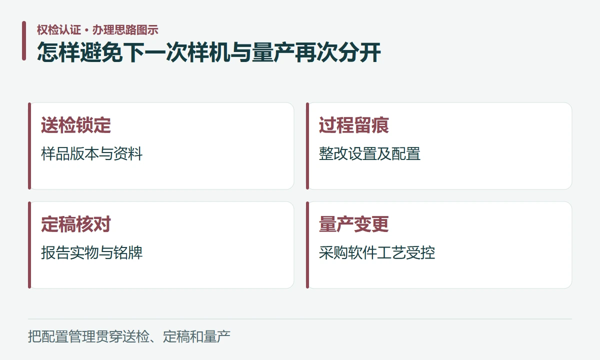 怎样避免下一次样机与量产再次分开:送检锁定,样品版本与资料;过程留痕,整改设置及配置;定稿核对,报告实物与铭牌;量产变更,采购软件工艺受控