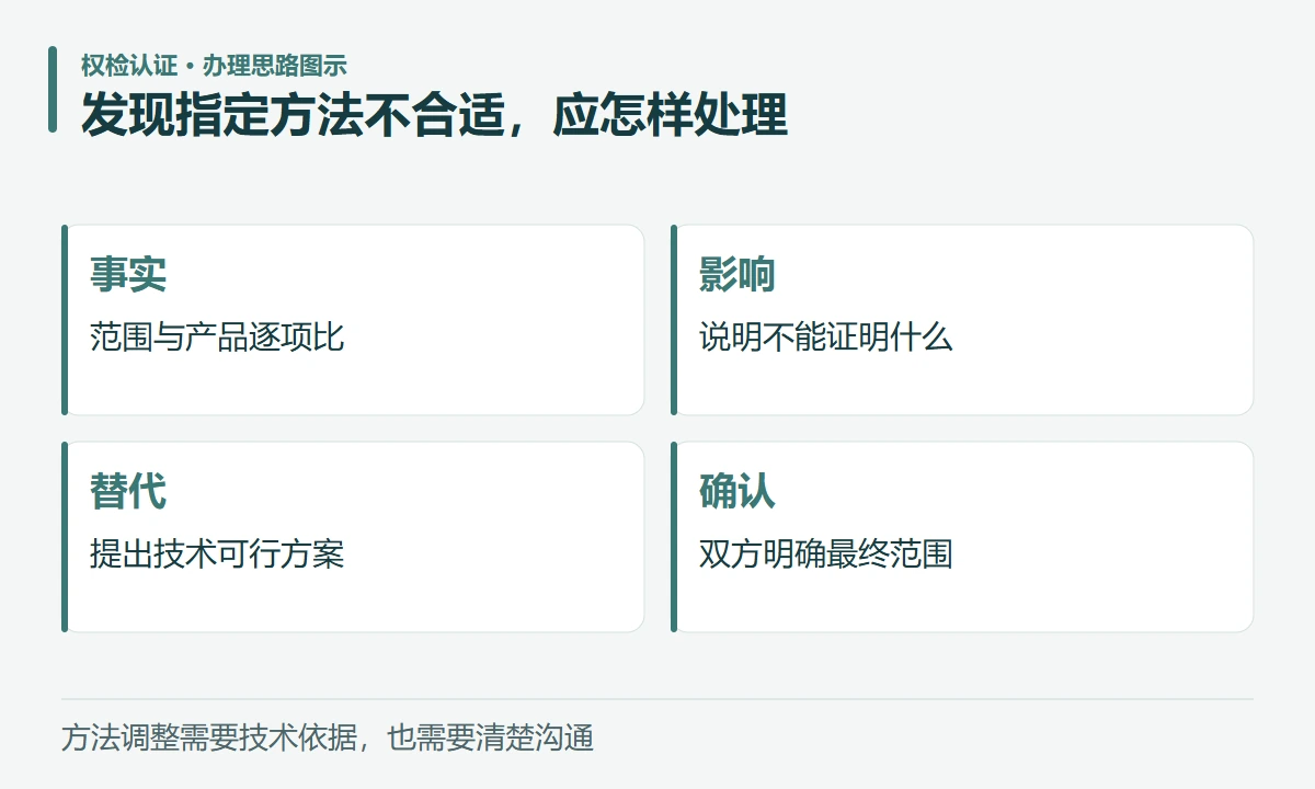 发现指定方法不合适,应怎样处理:事实,范围与产品逐项比;影响,说明不能证明什么;替代,提出技术可行方案;确认,双方明确最终范围