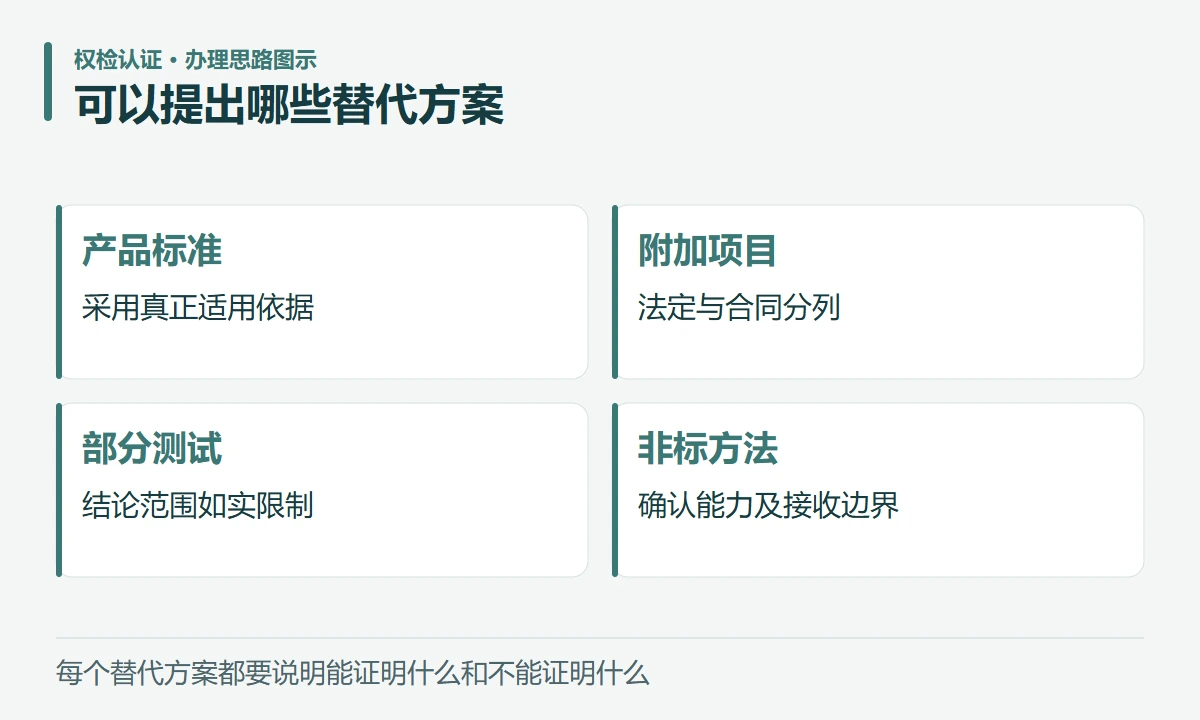 可以提出哪些替代方案:产品标准,采用真正适用依据;附加项目,法定与合同分列;部分测试,结论范围如实限制;非标方法,确认能力及接收边界