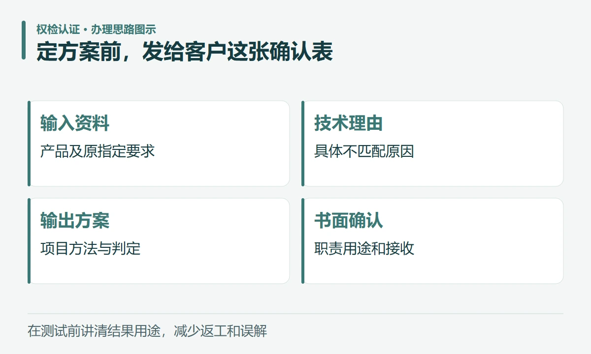 定方案前,发给客户这张确认表:输入资料,产品及原指定要求;技术理由,具体不匹配原因;输出方案,项目方法与判定;书面确认,职责用途和接收