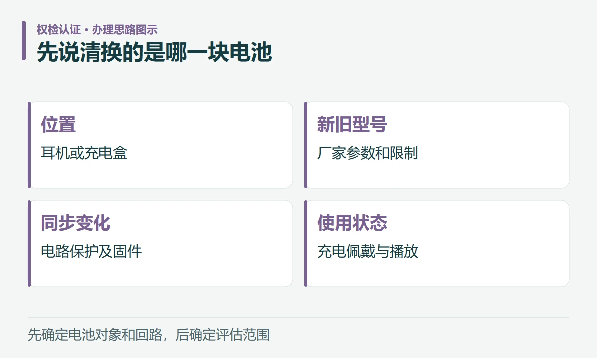 先说清换的是哪一块电池:位置,耳机或充电盒;新旧型号,厂家参数和限制;同步变化,电路保护及固件;使用状态,充电佩戴与播放