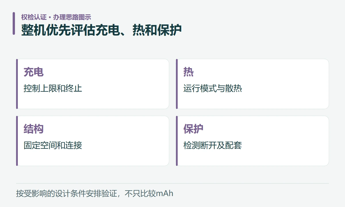 整机优先评估充电、热和保护:充电,控制上限和终止;热,运行模式与散热;结构,固定空间和连接;保护,检测断开及配套