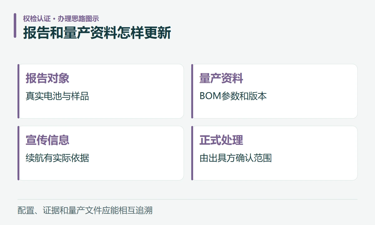 报告和量产资料怎样更新:报告对象,真实电池与样品;量产资料,BOM参数和版本;宣传信息,续航有实际依据;正式处理,由出具方确认范围
