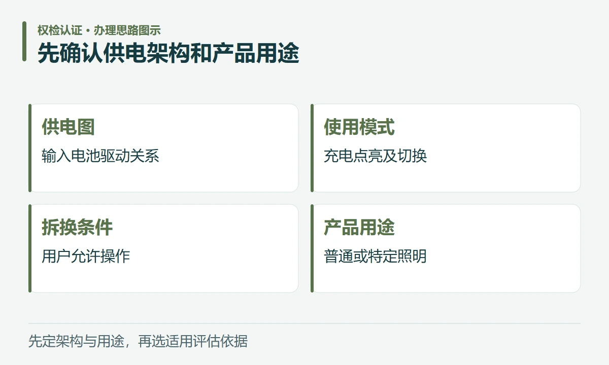 先确认供电架构和产品用途:供电图,输入电池驱动关系;使用模式,充电点亮及切换;拆换条件,用户允许操作;产品用途,普通或特定照明