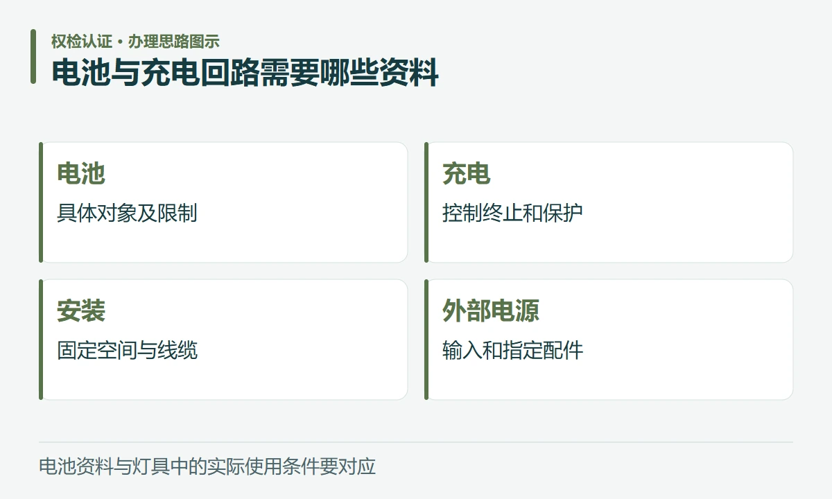 电池与充电回路需要哪些资料:电池,具体对象及限制;充电,控制终止和保护;安装,固定空间与线缆;外部电源,输入和指定配件