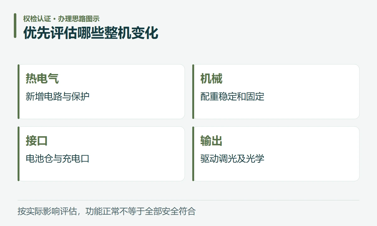 优先评估哪些整机变化:热电气,新增电路与保护;机械,配重稳定和固定;接口,电池仓与充电口;输出,驱动调光及光学