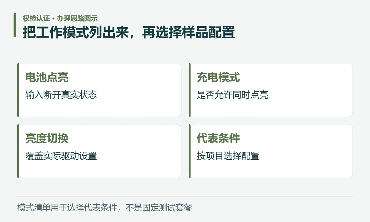 把工作模式列出来,再选择样品配置:电池点亮,输入断开真实状态;充电模式,是否允许同时点亮;亮度切换,覆盖实际驱动设置;代表条件,按项目选择配置