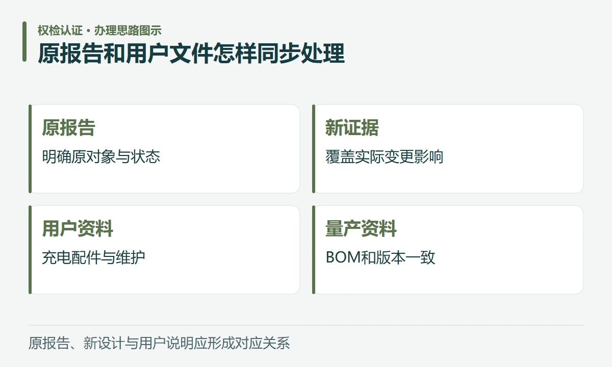 原报告和用户文件怎样同步处理:原报告,明确原对象与状态;新证据,覆盖实际变更影响;用户资料,充电配件与维护;量产资料,BOM和版本一致
