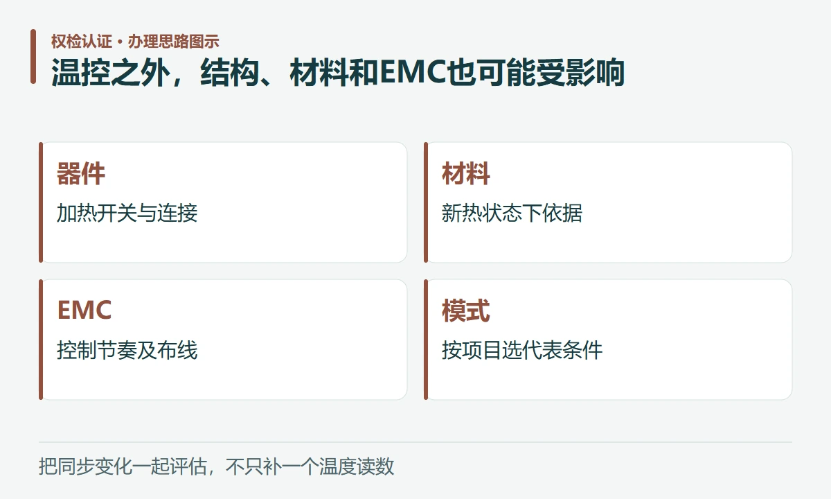 温控之外,结构、材料和EMC也可能受影响:器件,加热开关与连接;材料,新热状态下依据;EMC,控制节奏及布线;模式,按项目选代表条件