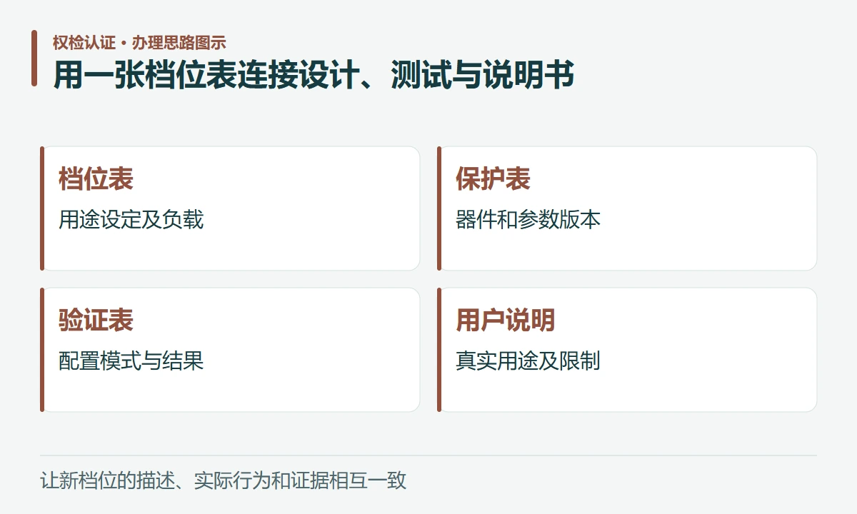 用一张档位表连接设计、测试与说明书:档位表,用途设定及负载;保护表,器件和参数版本;验证表,配置模式与结果;用户说明,真实用途及限制