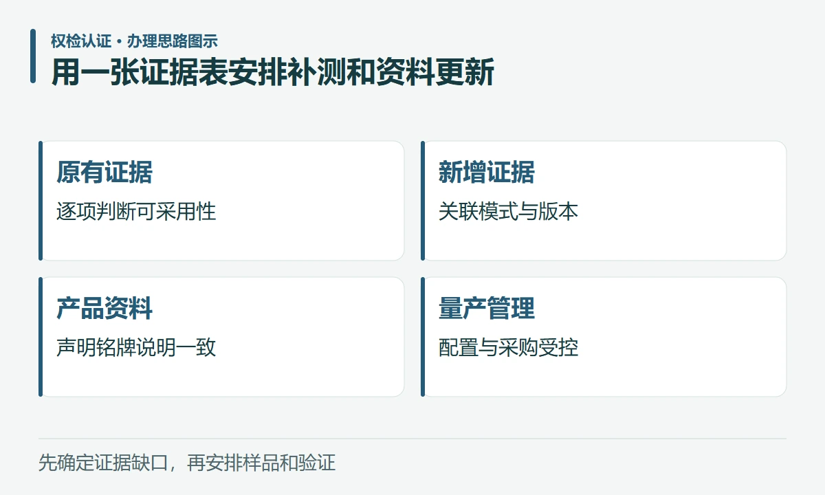 用一张证据表安排补测和资料更新:原有证据,逐项判断可采用性;新增证据,关联模式与版本;产品资料,声明铭牌说明一致;量产管理,配置与采购受控
