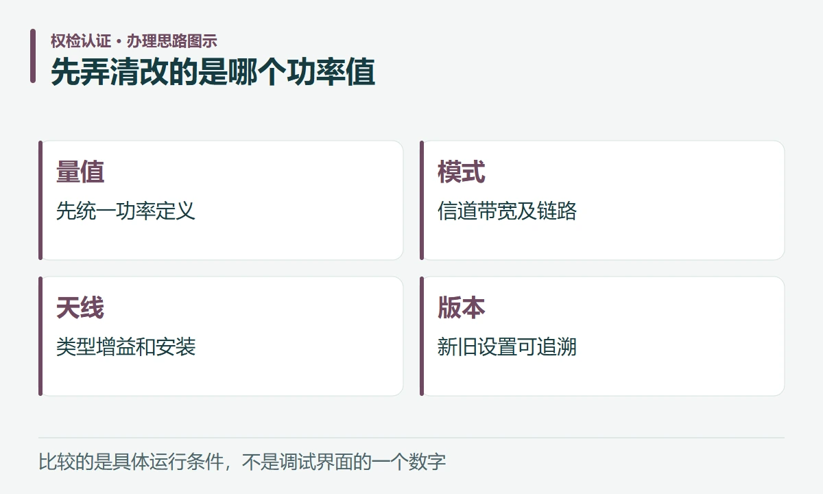 先弄清改的是哪个功率值:量值,先统一功率定义;模式,信道带宽及链路;天线,类型增益和安装;版本,新旧设置可追溯