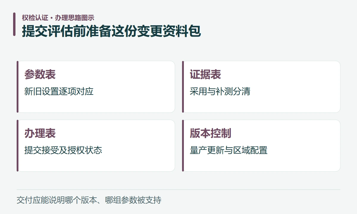 提交评估前准备这份变更资料包:参数表,新旧设置逐项对应;证据表,采用与补测分清;办理表,提交接受及授权状态;版本控制,量产更新与区域配置