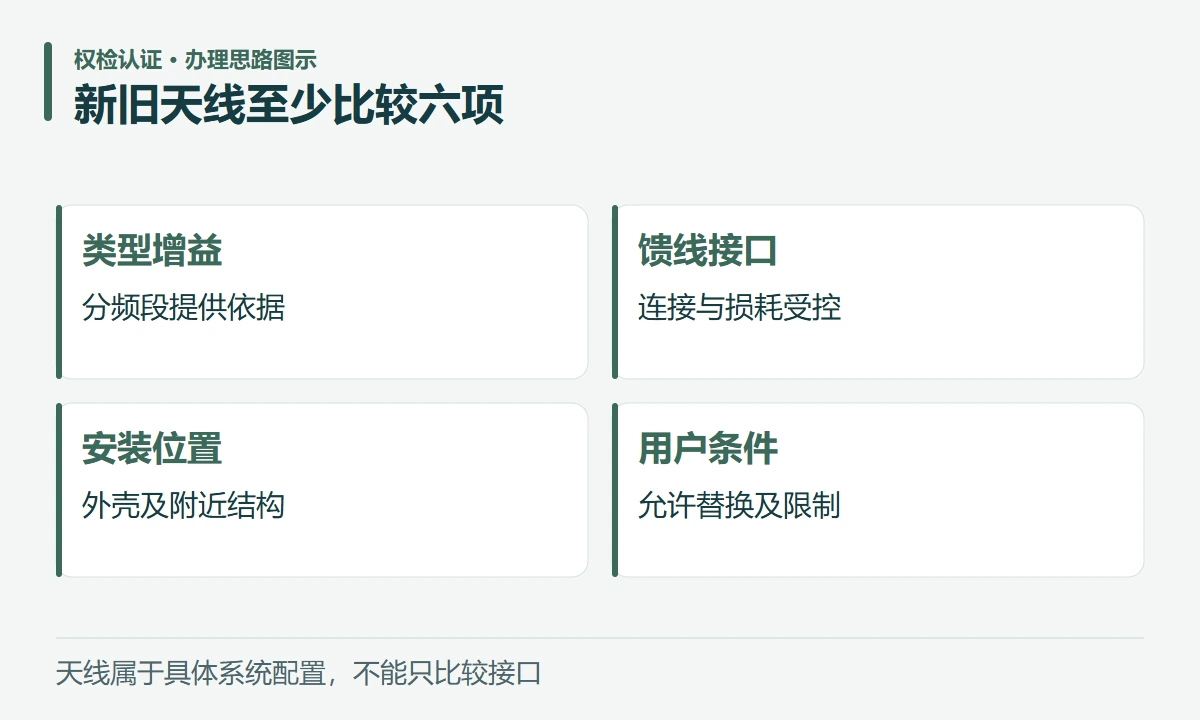 新旧天线至少比较六项:类型增益,分频段提供依据;馈线接口,连接与损耗受控;安装位置,外壳及附近结构;用户条件,允许替换及限制