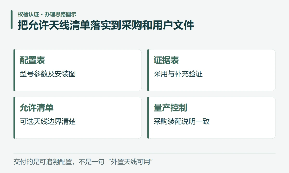 把允许天线清单落实到采购和用户文件:配置表,型号参数及安装图;证据表,采用与补充验证;允许清单,可选天线边界清楚;量产控制,采购装配说明一致