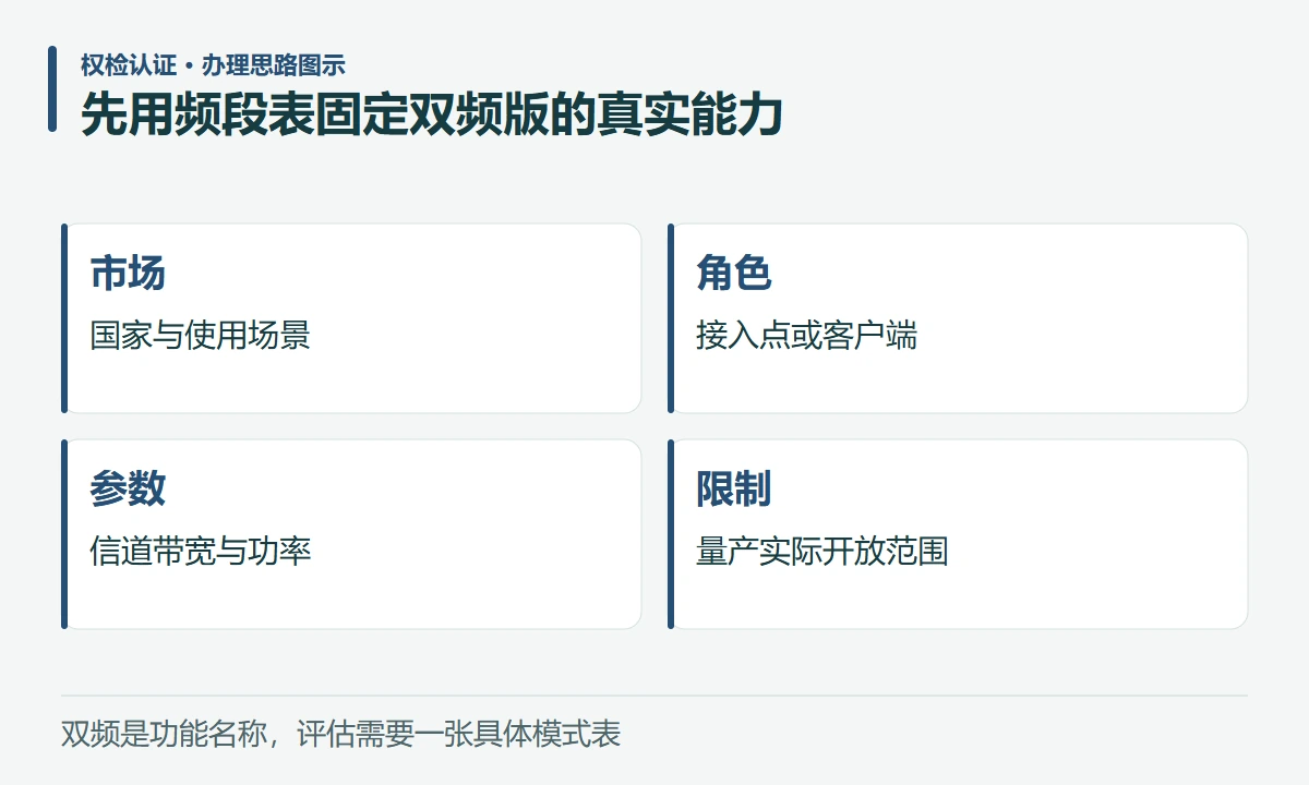 先用频段表固定双频版的真实能力:市场,国家与使用场景;角色,接入点或客户端;参数,信道带宽与功率;限制,量产实际开放范围