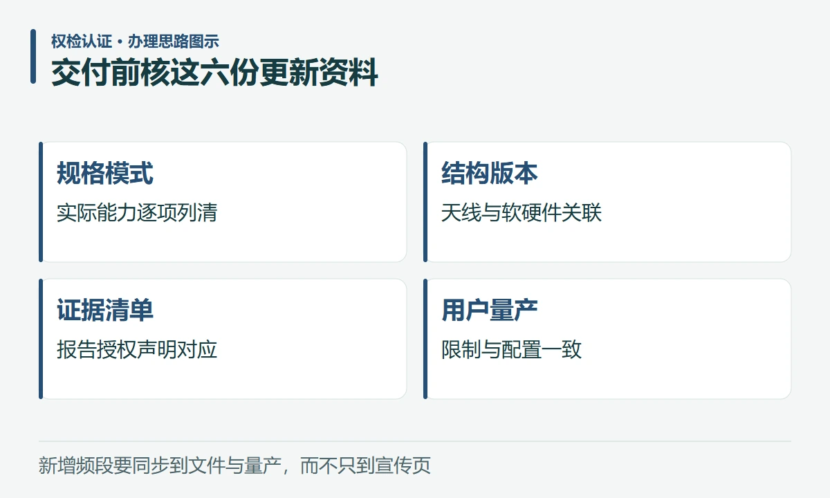 交付前核这六份更新资料:规格模式,实际能力逐项列清;结构版本,天线与软硬件关联;证据清单,报告授权声明对应;用户量产,限制与配置一致