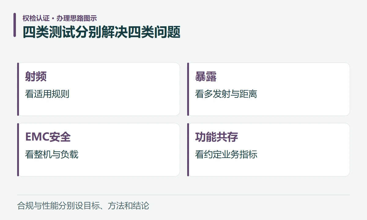 四类测试分别解决四类问题:射频,看适用规则;暴露,看多发射与距离;EMC安全,看整机与负载;功能共存,看约定业务指标