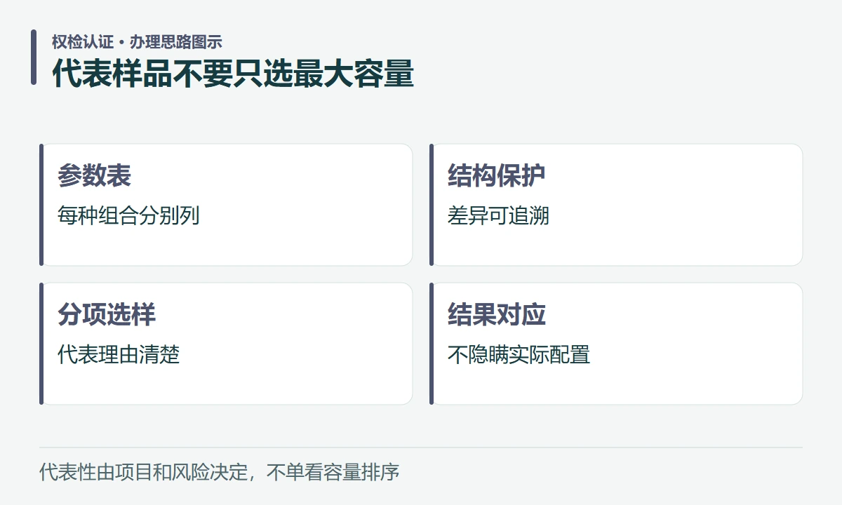 代表样品不要只选最大容量:参数表,每种组合分别列;结构保护,差异可追溯;分项选样,代表理由清楚;结果对应,不隐瞒实际配置