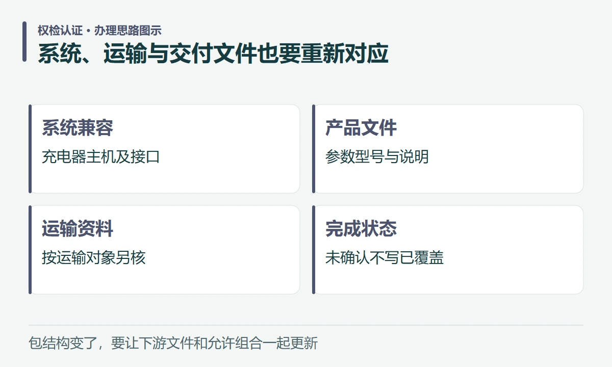 系统、运输与交付文件也要重新对应:系统兼容,充电器主机及接口;产品文件,参数型号与说明;运输资料,按运输对象另核;完成状态,未确认不写已覆盖