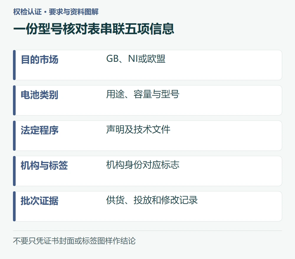 一份型号核对表串联五项信息:目的市场,GB、NI或欧盟;电池类别,用途、容量与型号;法定程序,声明及技术文件;机构与标签,机构身份对应标志;批次证据,供货、投放和修改记录