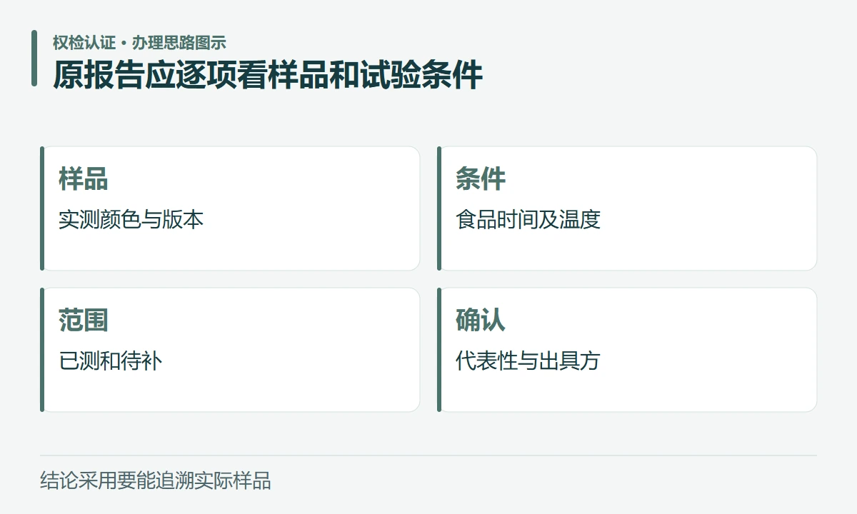 原报告应逐项看样品和试验条件:样品,实测颜色与版本;条件,食品时间及温度;范围,已测和待补;确认,代表性与出具方