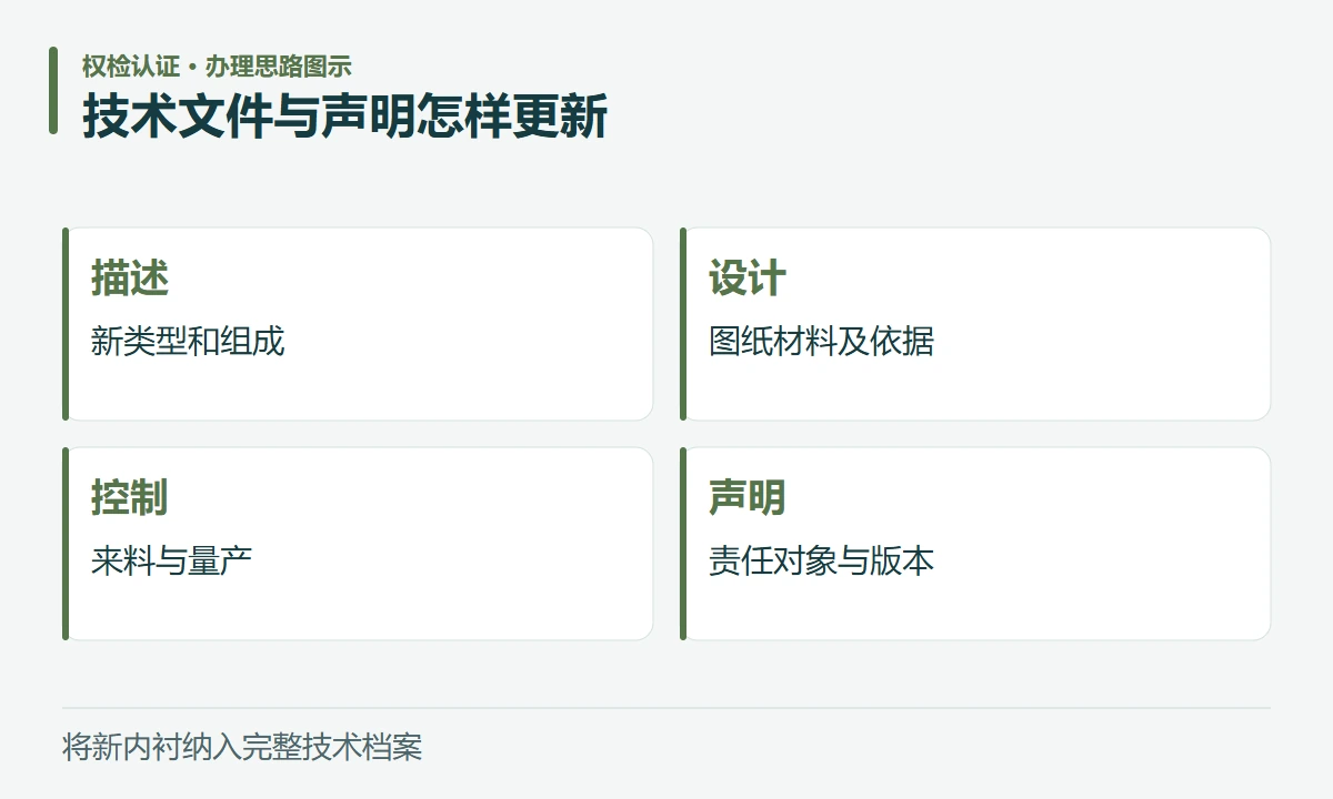 技术文件与声明怎样更新:描述,新类型和组成;设计,图纸材料及依据;控制,来料与量产;声明,责任对象与版本