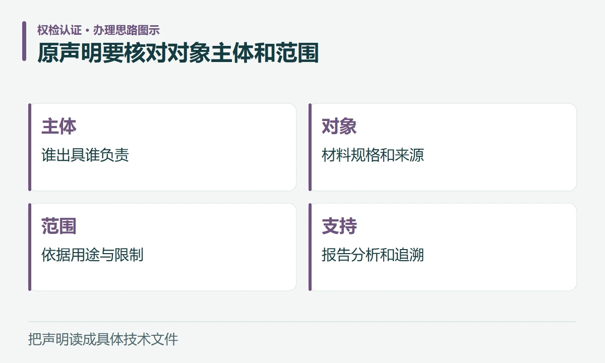 原声明要核对对象主体和范围:主体,谁出具谁负责;对象,材料规格和来源;范围,依据用途与限制;支持,报告分析和追溯
