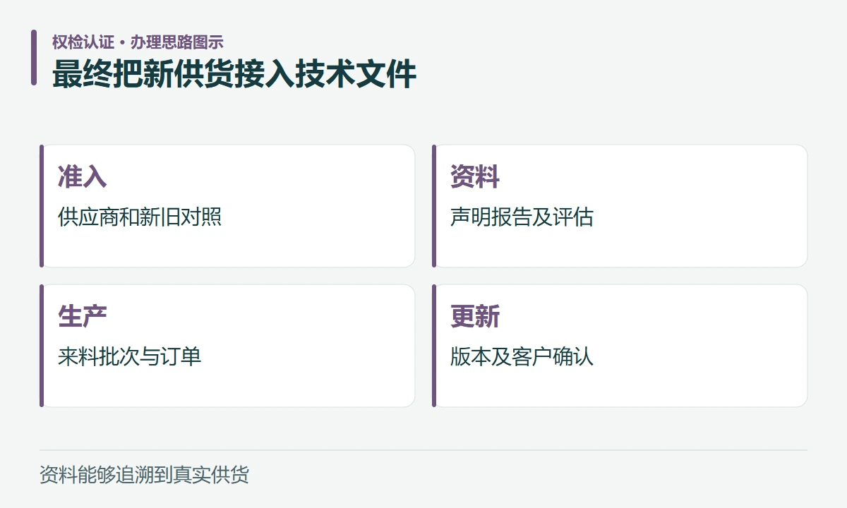 最终把新供货接入技术文件:准入,供应商和新旧对照;资料,声明报告及评估;生产,来料批次与订单;更新,版本及客户确认
