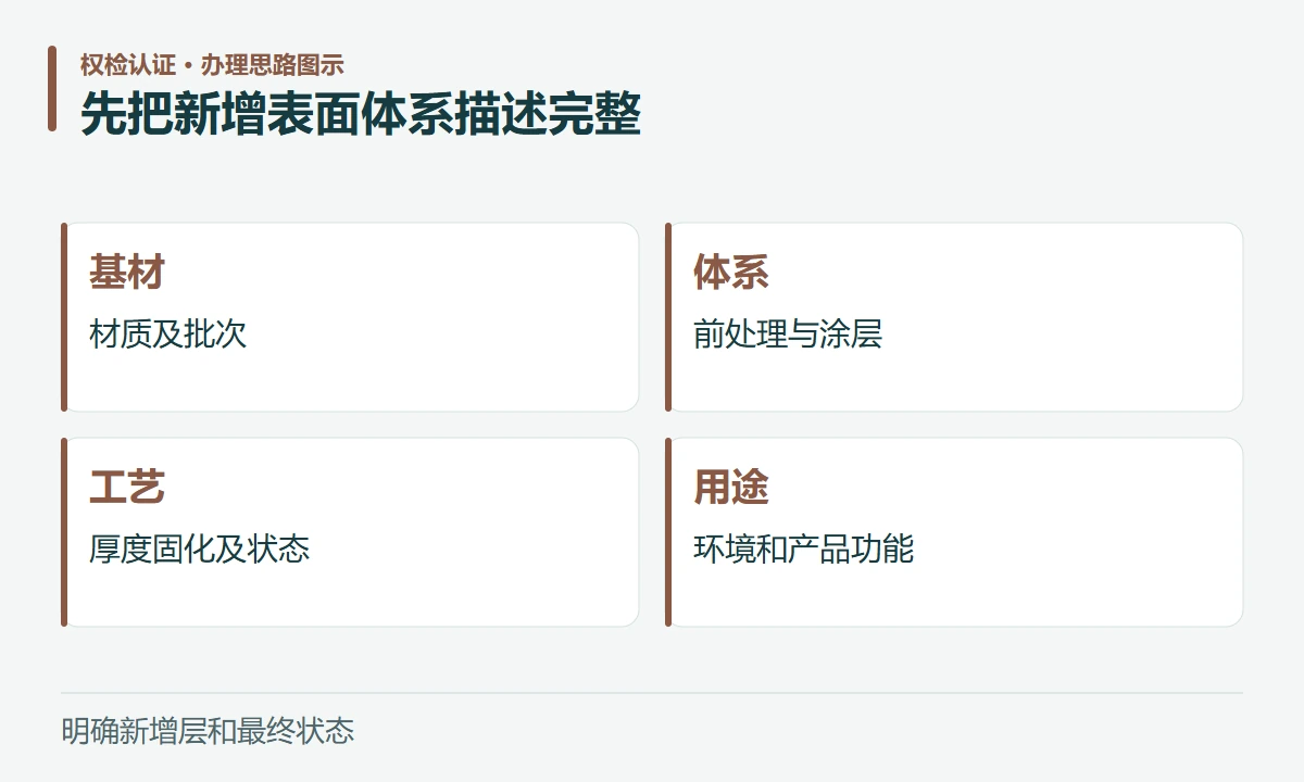 先把新增表面体系描述完整:基材,材质及批次;体系,前处理与涂层;工艺,厚度固化及状态;用途,环境和产品功能