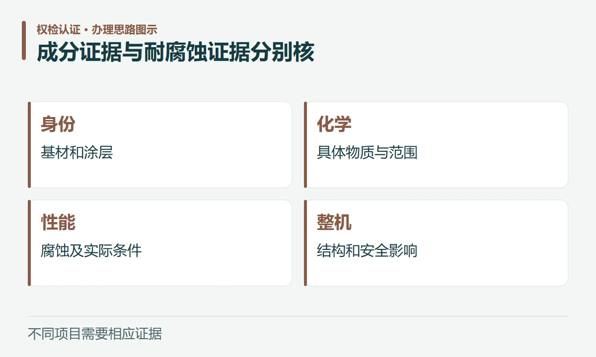 成分证据与耐腐蚀证据分别核:身份,基材和涂层;化学,具体物质与范围;性能,腐蚀及实际条件;整机,结构和安全影响