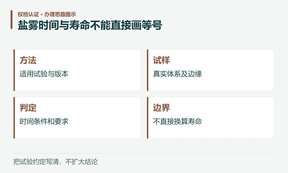 盐雾时间与寿命不能直接画等号:方法,适用试验与版本;试样,真实体系及边缘;判定,时间条件和要求;边界,不直接换算寿命