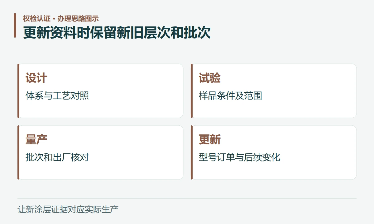 更新资料时保留新旧层次和批次:设计,体系与工艺对照;试验,样品条件及范围;量产,批次和出厂核对;更新,型号订单与后续变化