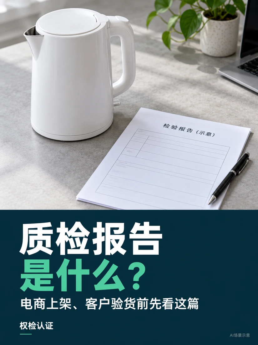 质检报告是什么?白色电热水壶、空白检验报告示意纸与双色标题封面