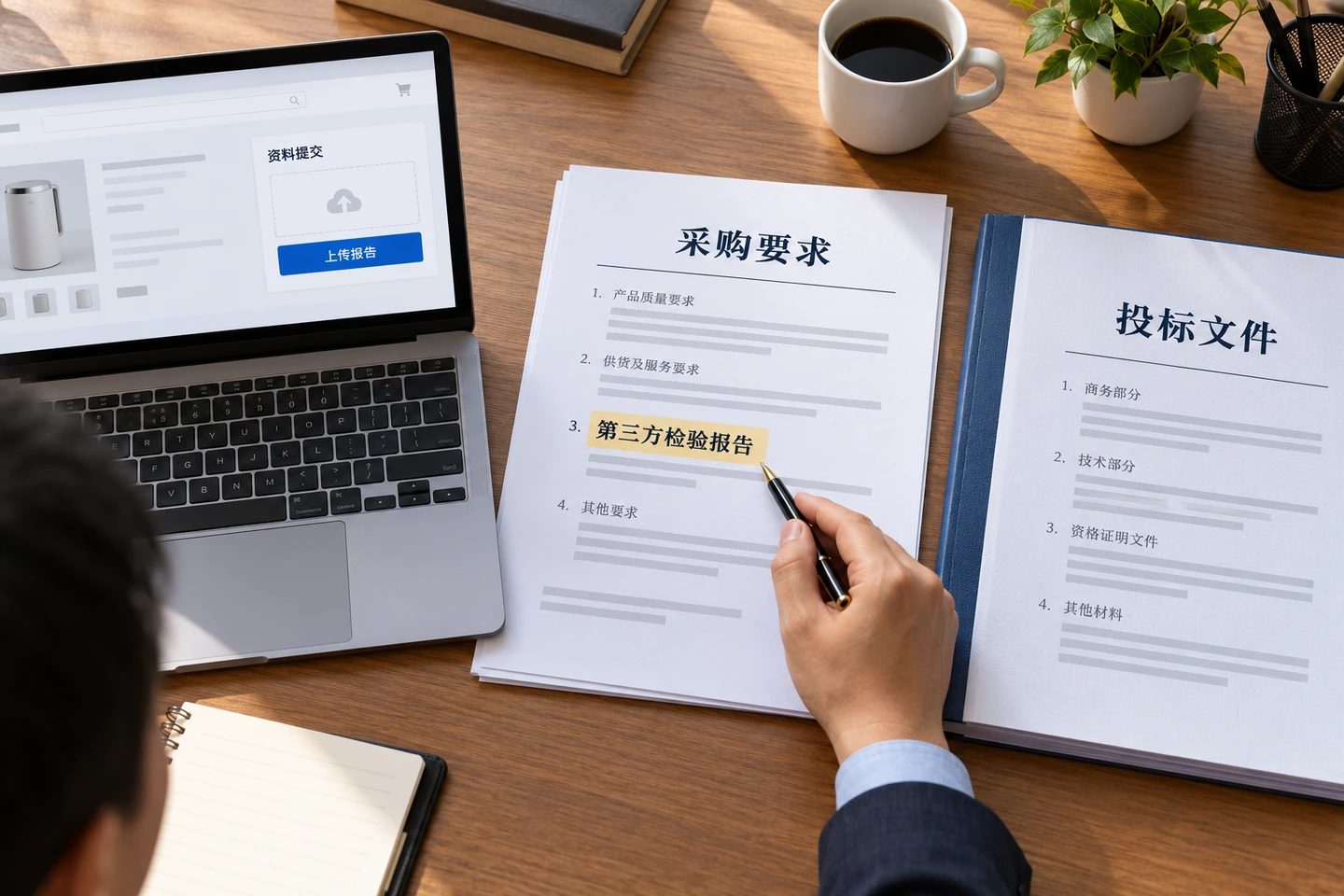 电商资料页面、采购条款和投标文件并列放置,工作人员核对报告要求,AI场景示意