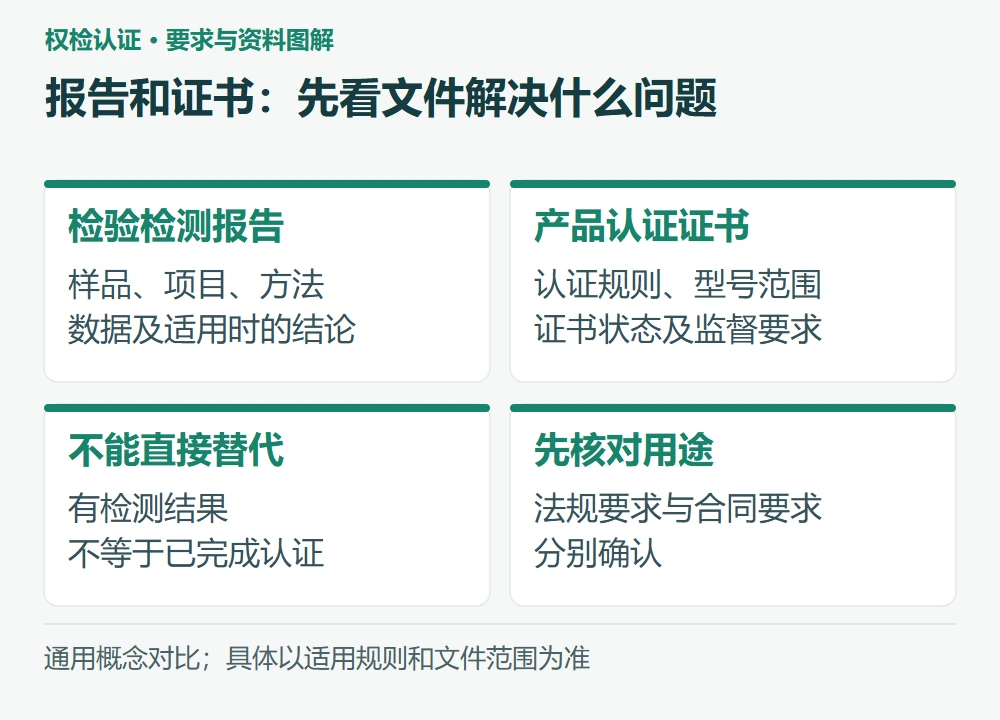 报告和证书:先看文件解决什么问题:检验检测报告,样品、项目、方法 数据及适用时的结论;产品认证证书,认证规则、型号范围 证书状态及监督要求;不能直接替代,有检测结果 不等于已完成认证;先核对用途,法规要求与合同要求 分别确认