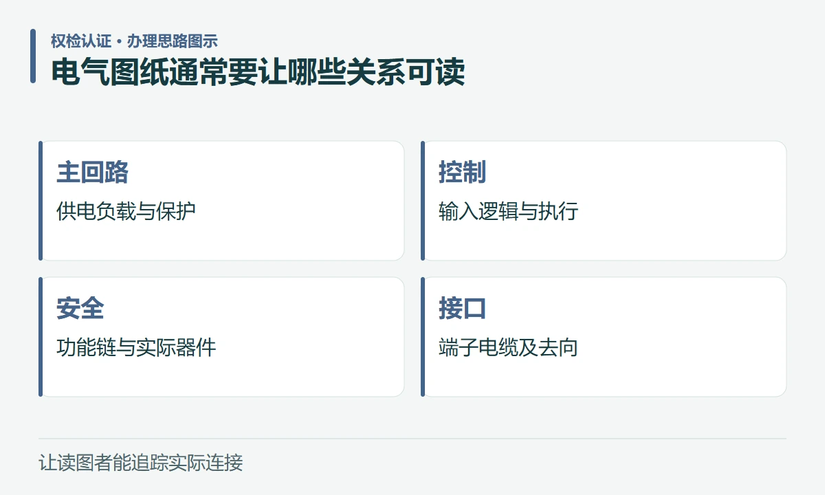 电气图纸通常要让哪些关系可读:主回路,供电负载与保护;控制,输入逻辑与执行;安全,功能链与实际器件;接口,端子电缆及去向