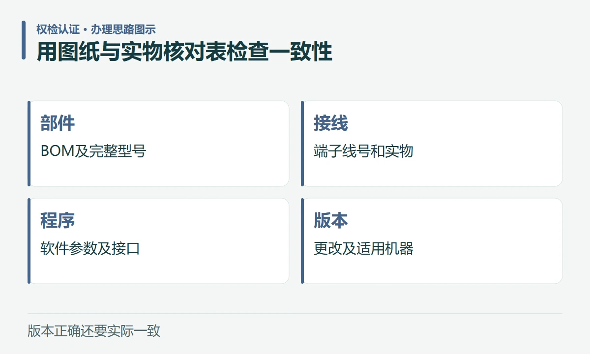 用图纸与实物核对表检查一致性:部件,BOM及完整型号;接线,端子线号和实物;程序,软件参数及接口;版本,更改及适用机器