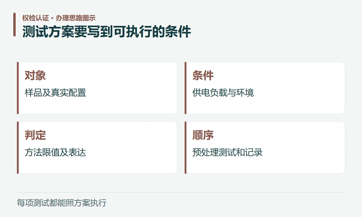 测试方案要写到可执行的条件:对象,样品及真实配置;条件,供电负载与环境;判定,方法限值及表达;顺序,预处理测试和记录