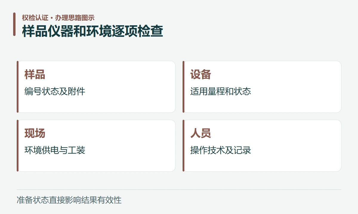 样品仪器和环境逐项检查:样品,编号状态及附件;设备,适用量程和状态;现场,环境供电与工装;人员,操作技术及记录