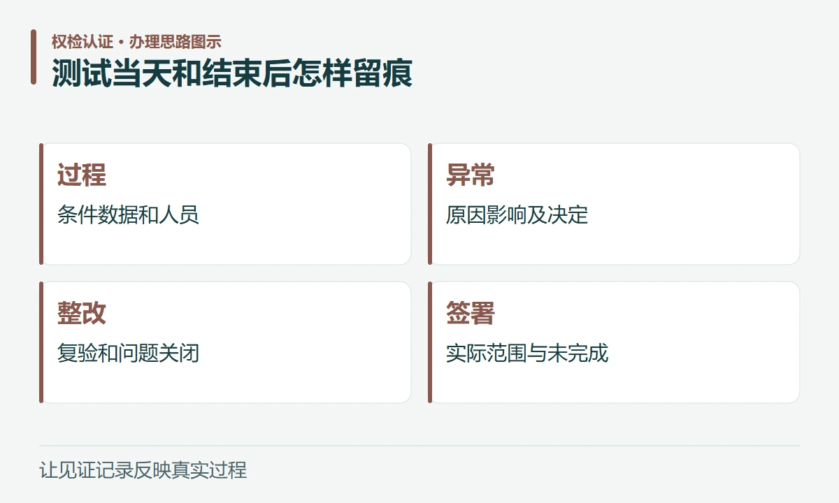 测试当天和结束后怎样留痕:过程,条件数据和人员;异常,原因影响及决定;整改,复验和问题关闭;签署,实际范围与未完成