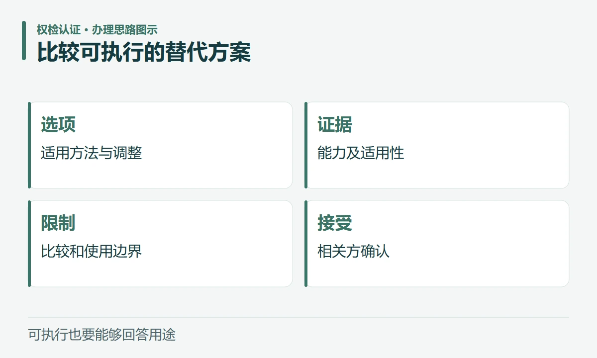 比较可执行的替代方案:选项,适用方法与调整;证据,能力及适用性;限制,比较和使用边界;接受,相关方确认