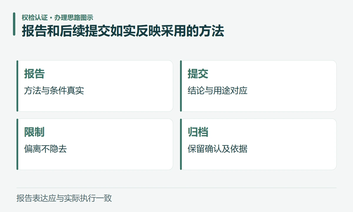 报告和后续提交如实反映采用的方法:报告,方法与条件真实;提交,结论与用途对应;限制,偏离不隐去;归档,保留确认及依据