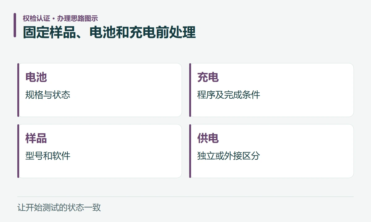 固定样品、电池和充电前处理:电池,规格与状态;充电,程序及完成条件;样品,型号和软件;供电,独立或外接区分