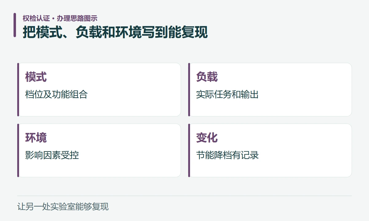 把模式、负载和环境写到能复现:模式,档位及功能组合;负载,实际任务和输出;环境,影响因素受控;变化,节能降档有记录