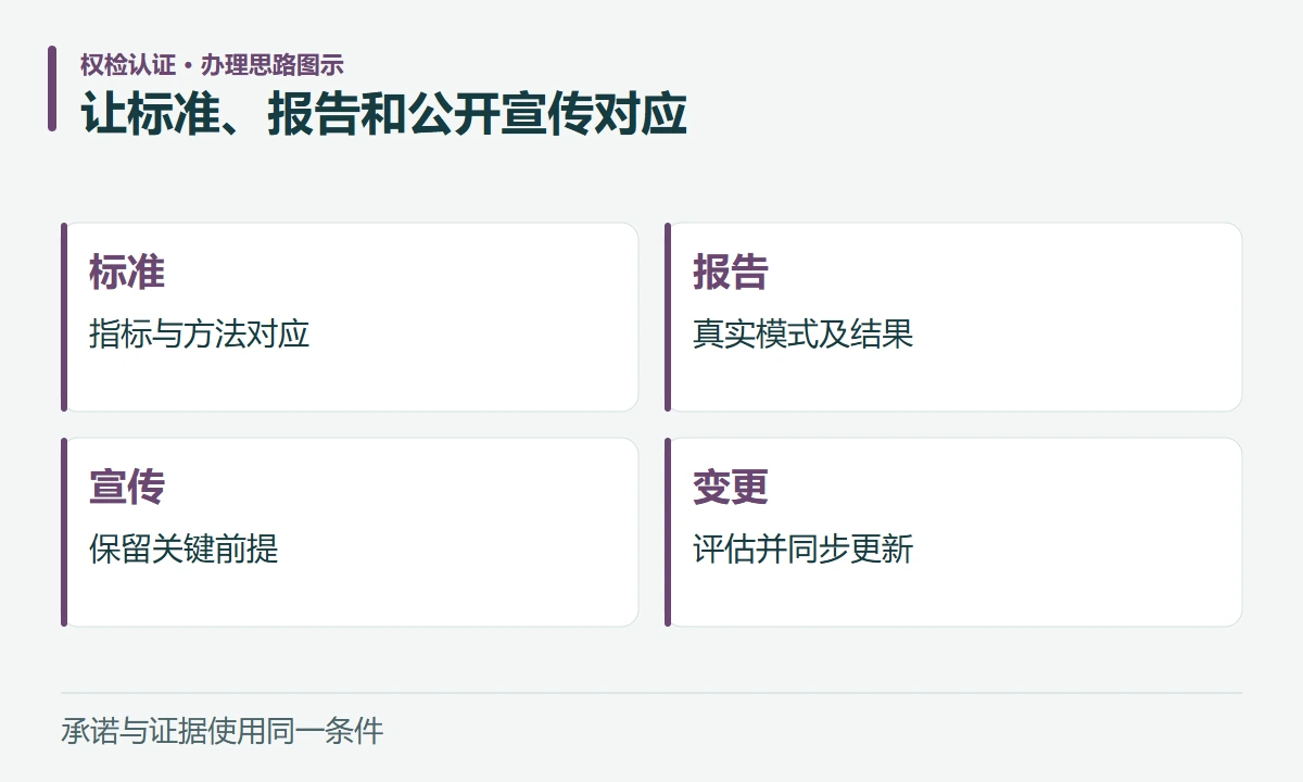 让标准、报告和公开宣传对应:标准,指标与方法对应;报告,真实模式及结果;宣传,保留关键前提;变更,评估并同步更新
